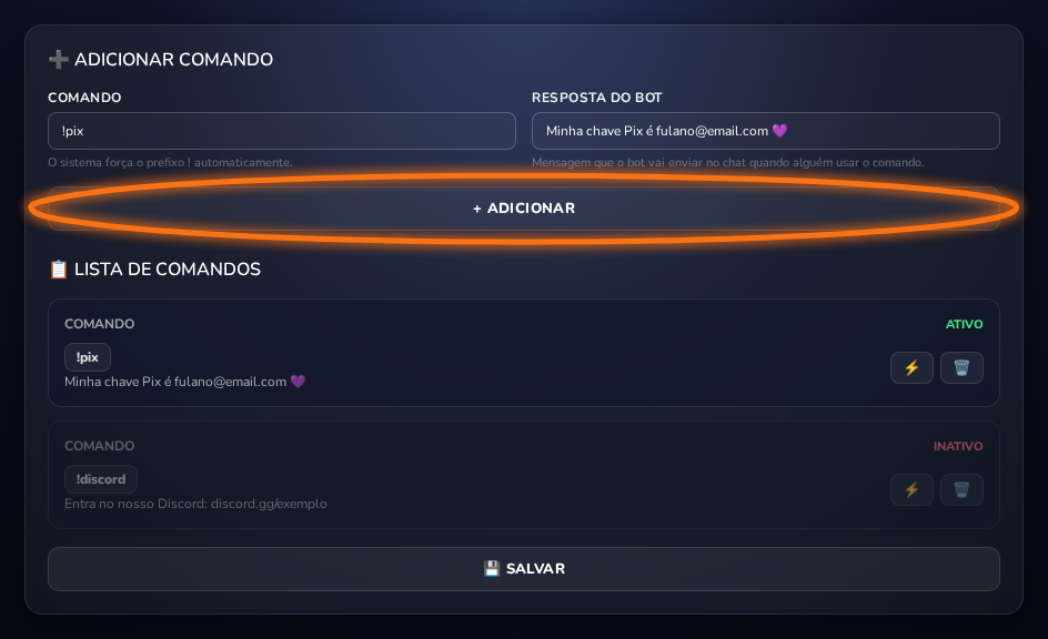 Formulário de adicionar comando e lista de comandos personalizados com botões de ativar e remover