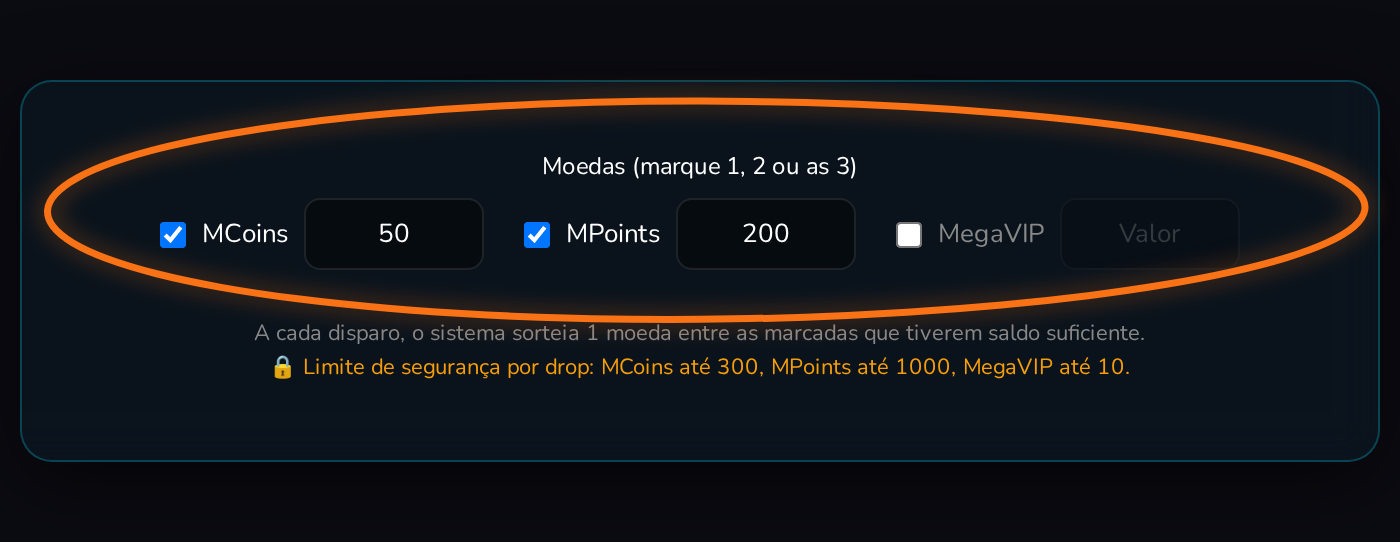 Aba Automático do DROP com os checkboxes de moedas e os campos de valor destacados