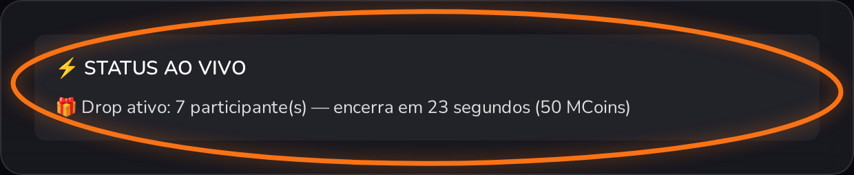 Card Status ao Vivo do DROP mostrando participantes e segundos restantes durante uma janela aberta