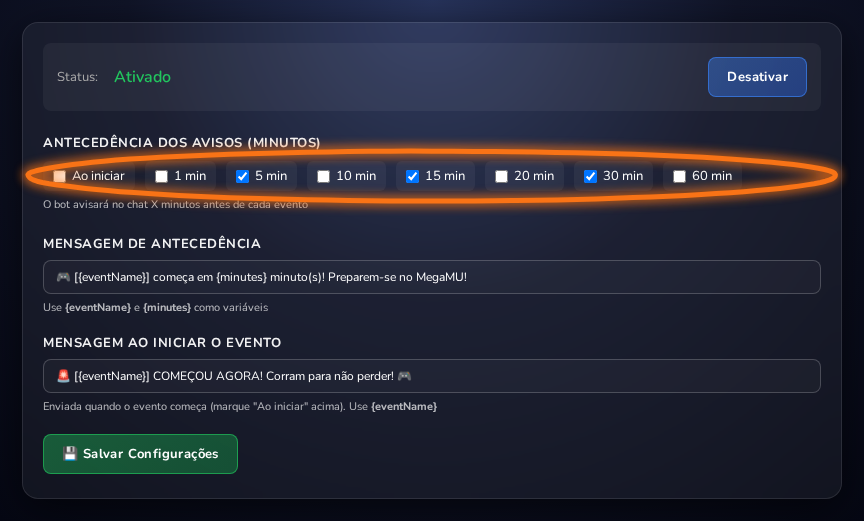 Card de configuração com status, antecedência dos avisos em checkboxes e campos de mensagem