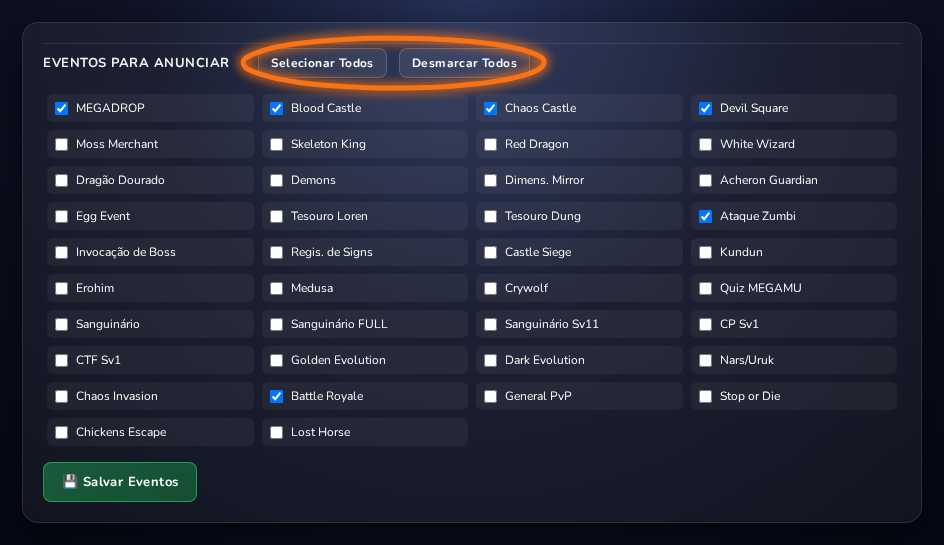 Grade de checkboxes com a lista de eventos do MegaMU e os botões Selecionar Todos e Desmarcar Todos