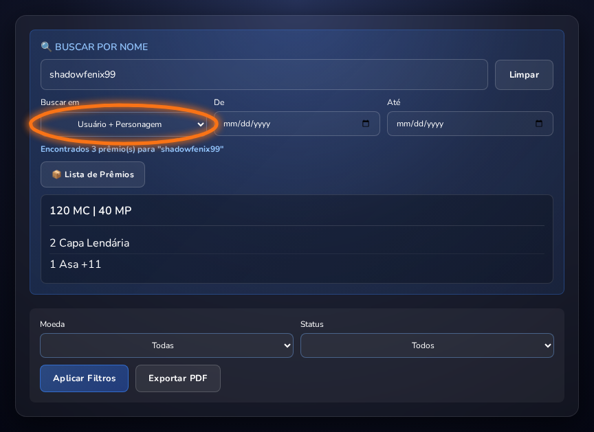 Campo de busca por nome com dropdown Buscar em, datas De/Até e resultado da busca