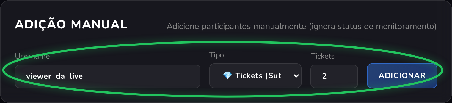 Card Adição Manual com os campos de username, tipo e tickets, e o botão Adicionar destacado