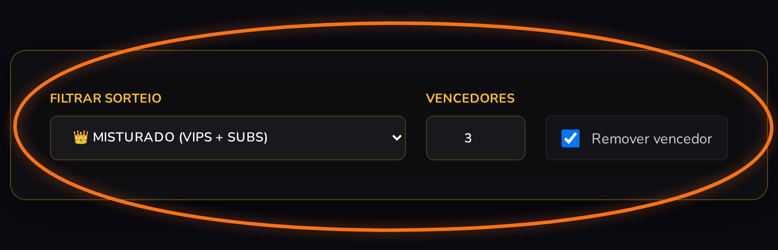 Seletor Filtrar Sorteio, campo Vencedores e checkbox Remover vencedor destacados
