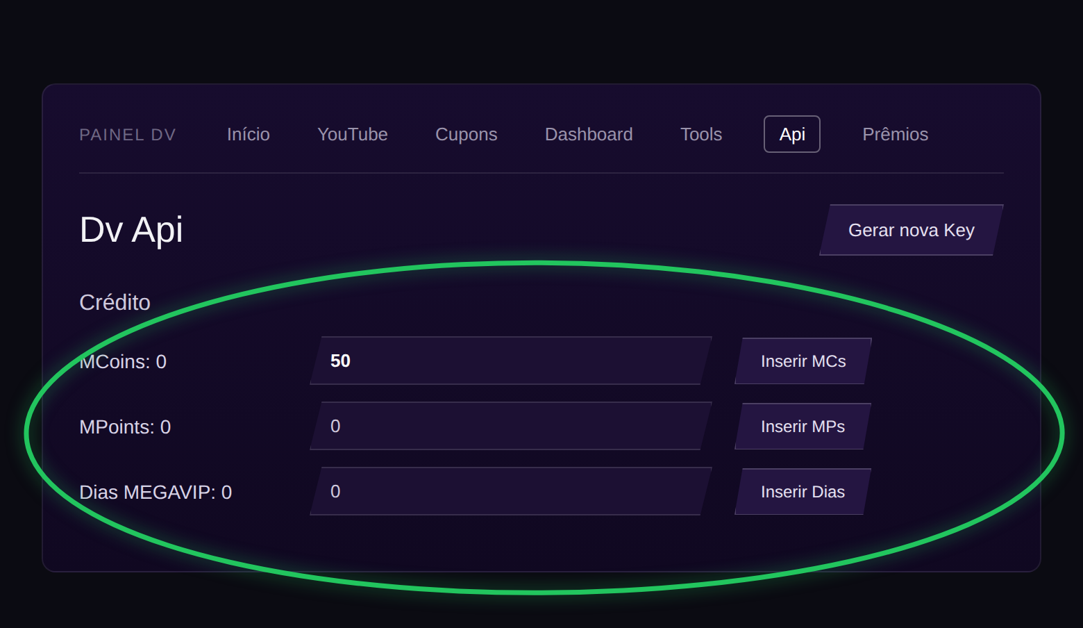 Aba Api do Painel DV da MegaMU com os campos e botões de inserir MCoins, MPoints e Dias MEGAVIP destacados