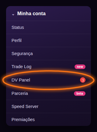 Menu Minha conta do site MegaMU com o item DV Panel destacado