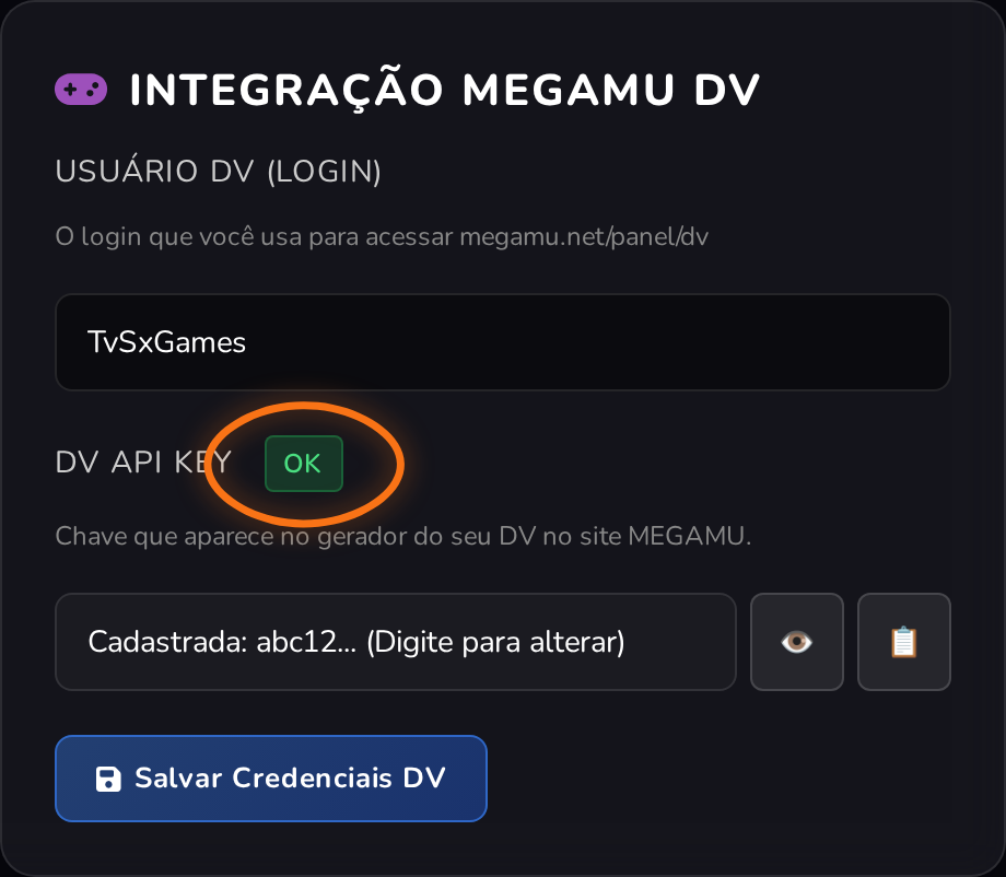 Selo DV API Key mudando para OK após salvar as credenciais