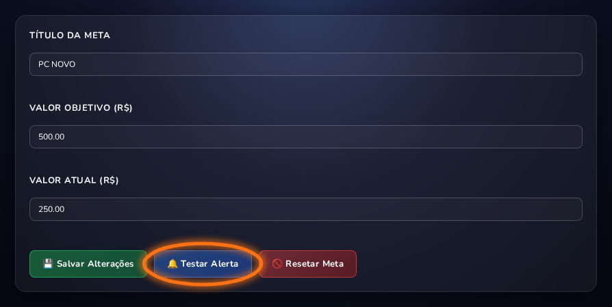 Card Configurações da Meta com título, valor objetivo, valor atual e os botões Salvar, Testar Alerta e Resetar