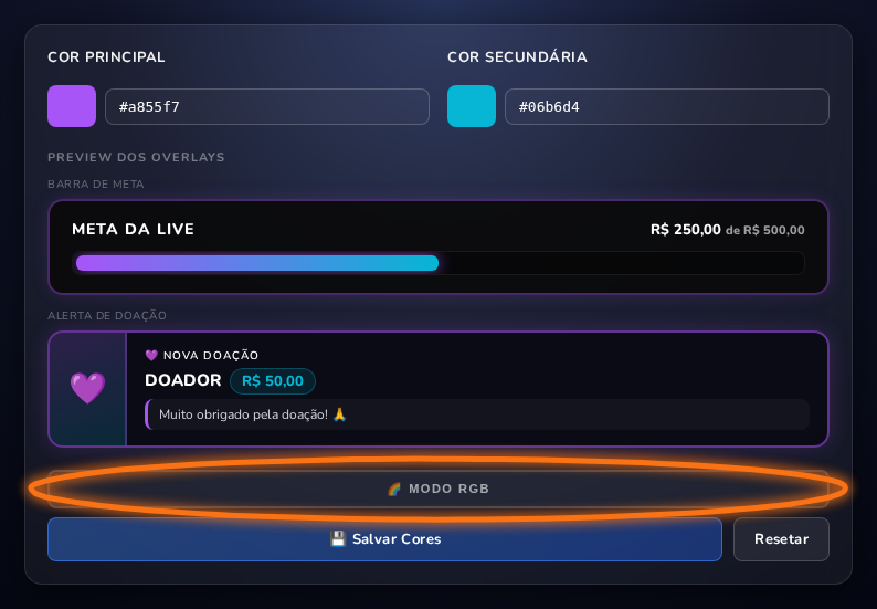 Card Cores dos Overlays com os seletores de cor, modo RGB e o preview da Barra de Meta e do Alerta de Doação