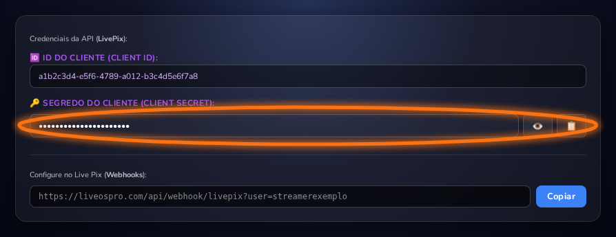 Card Integração e Overlay com os campos Client ID, Client Secret e URL do Webhook