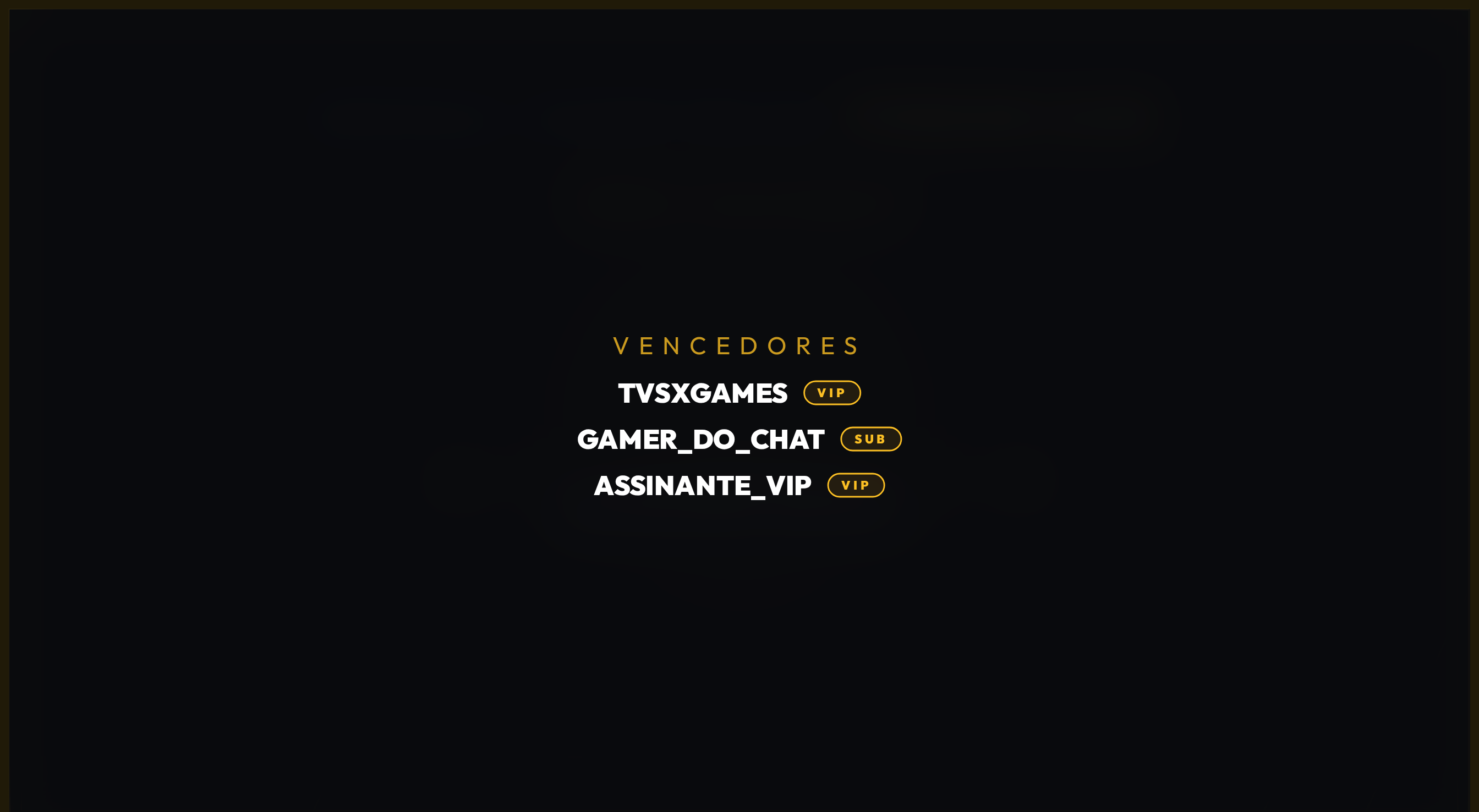 Overlay do Mega Sorteio mostrando a tela de resultado final com vários vencedores