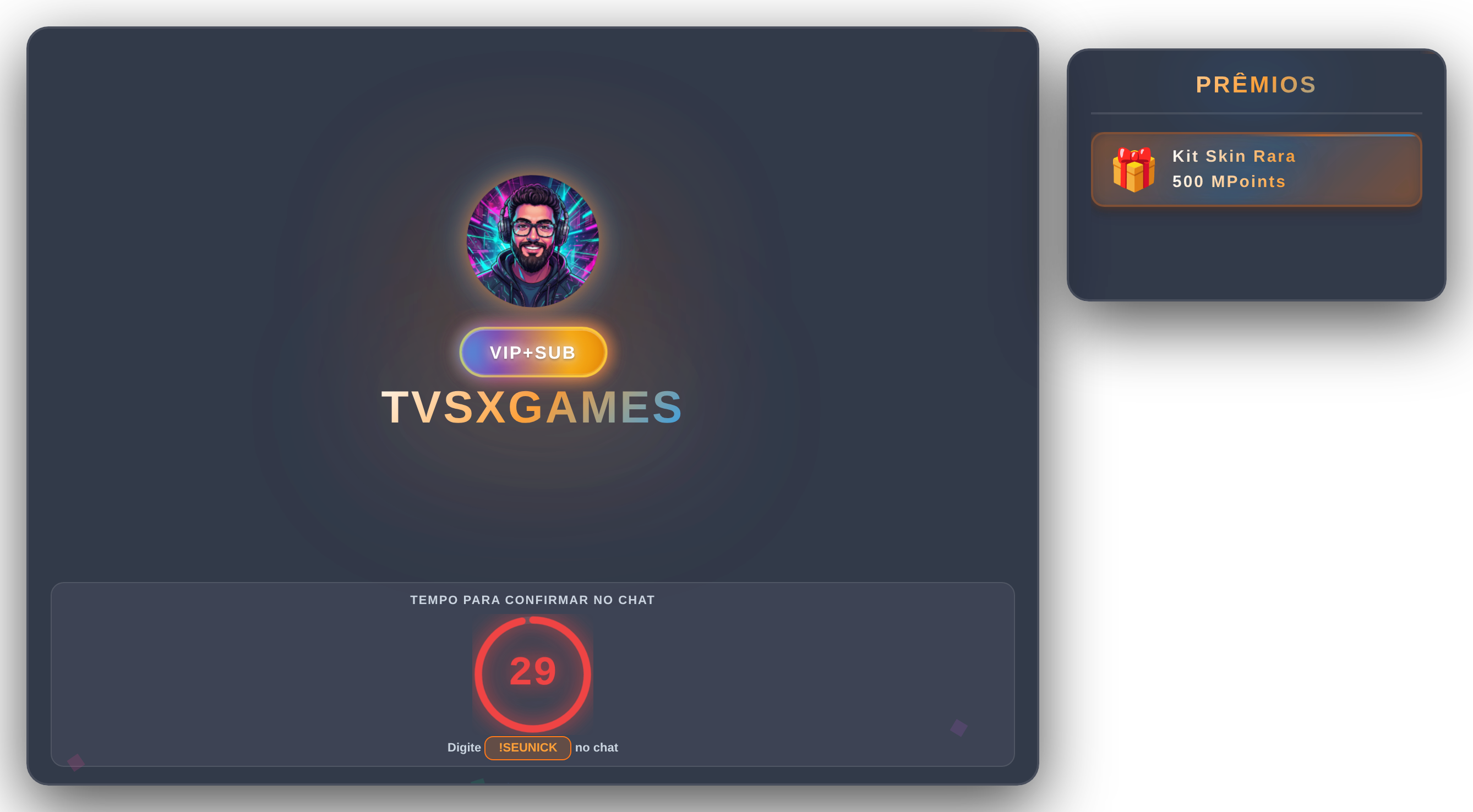 Overlay de sorteio revelando o vencedor com prêmios e timer de 30 segundos
