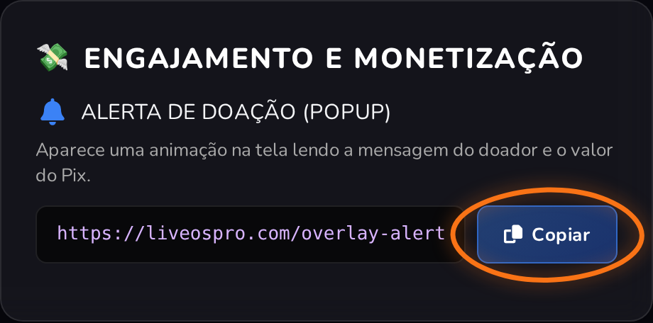Card do overlay Alerta de Doação com o botão Copiar destacado