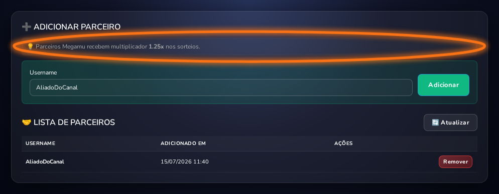 Aba Parceria com o formulário de adicionar, o aviso do multiplicador 1.25x e a lista de parceiros