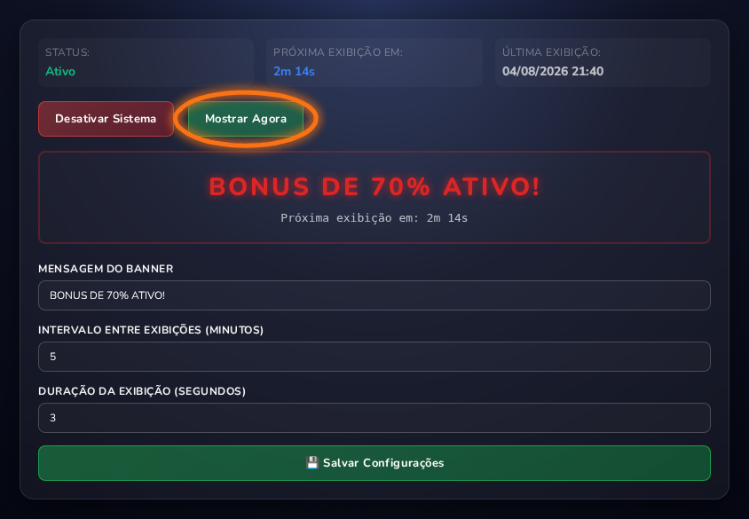 Aba Banner Automático com status, preview do texto neon e campos de configuração
