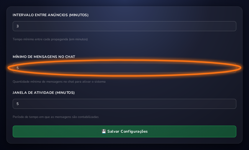 Card de configurações com intervalo entre anúncios, mínimo de mensagens e janela de atividade