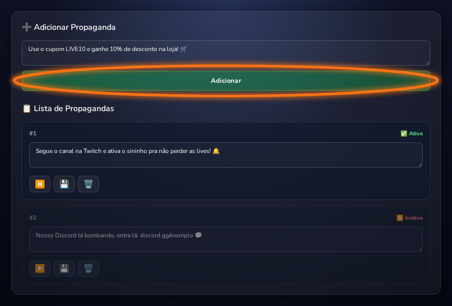 Lista de propagandas com botões de pausar, salvar e remover em cada item