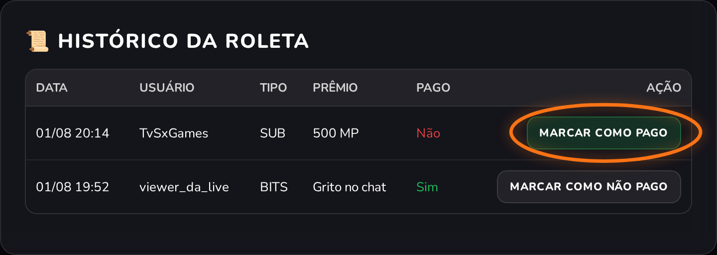 Card Histórico da Roleta com uma linha marcada como não paga e o botão de marcar como pago destacado