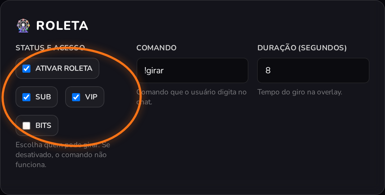 Card Roleta com Ativar Roleta e os pills de acesso destacados