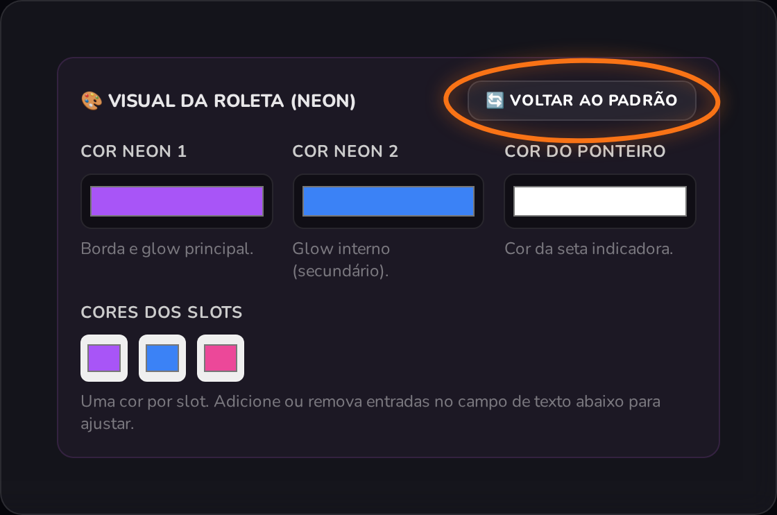 Card de customização visual neon da roleta com as cores e o botão de reset