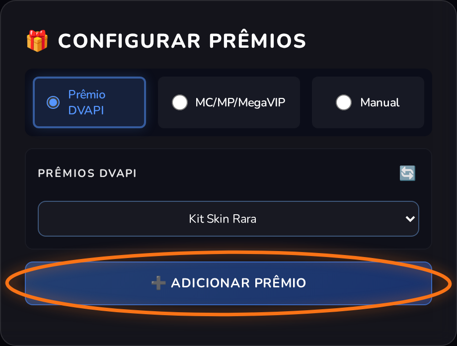 Card Configurar Prêmios com o botão Adicionar Prêmio destacado