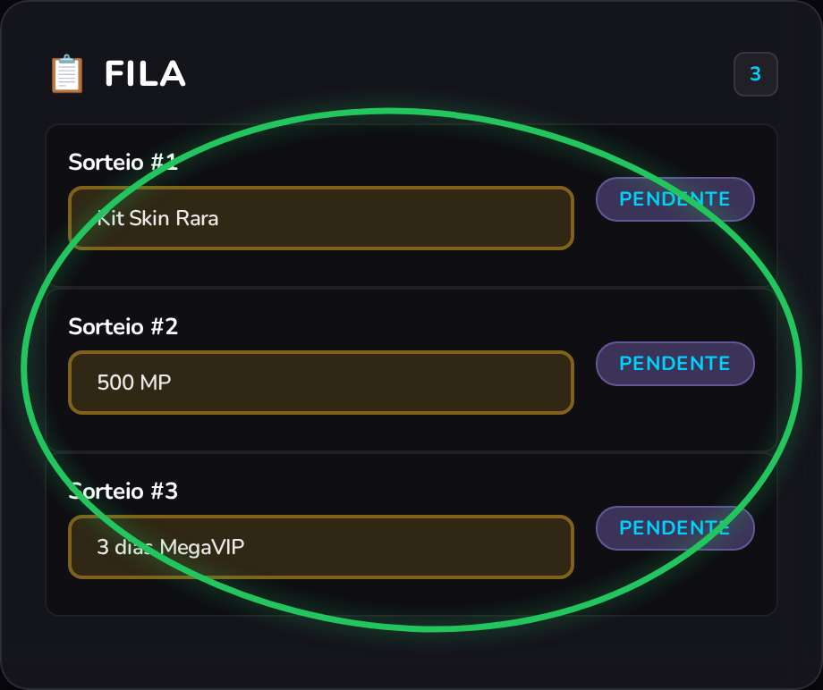 Três itens separados na fila, um prêmio cada, vencedores diferentes