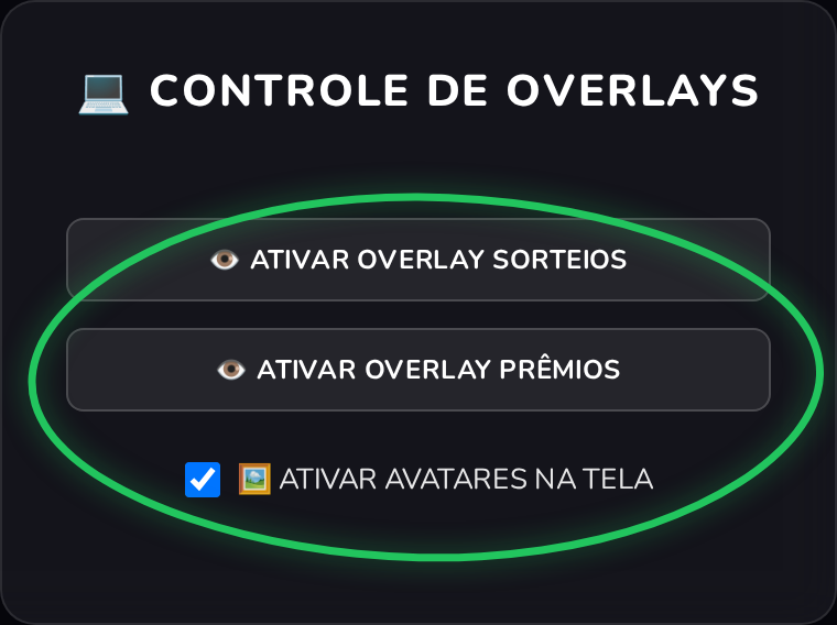 Card Controle de Overlays com os botões de ativar overlay e o checkbox de avatares