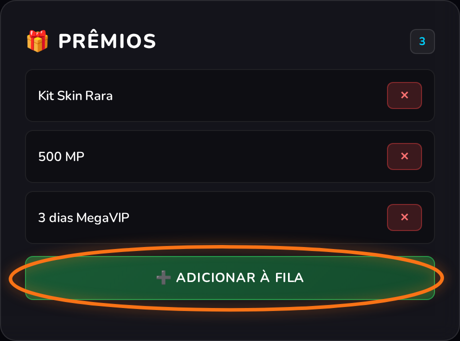 Card Prêmios com três prêmios selecionados e o botão Adicionar à Fila destacado