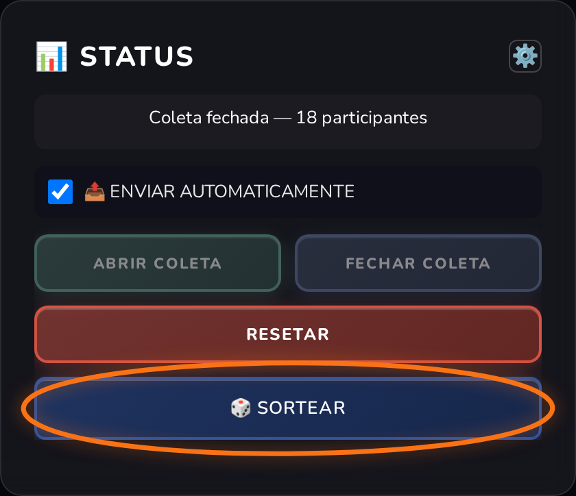 Card Status com o botão Sortear destacado