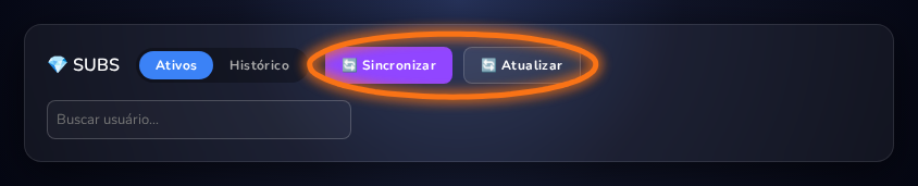 Botões Sincronizar e Atualizar da aba Subs, com o alternador Ativos/Histórico ao lado