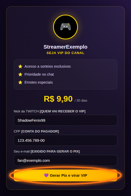 Página pública de vendas do VIP Automático, com avatar, vantagens, preço e formulário de nick, CPF e e-mail