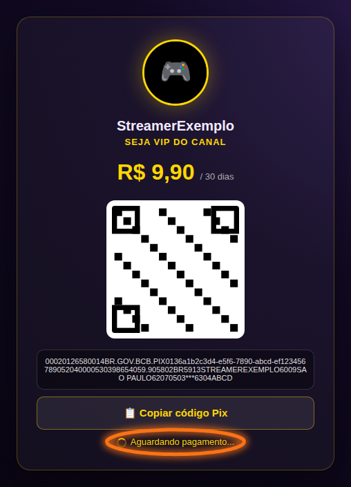 Tela de QR code Pix e código copia e cola, aguardando confirmação do pagamento