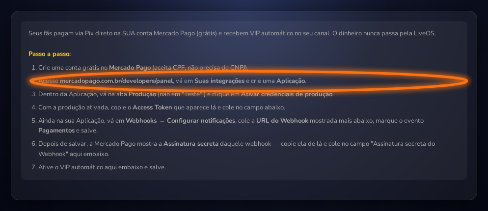 Passo a passo de conexão com o Mercado Pago dentro do painel do VIP Automático